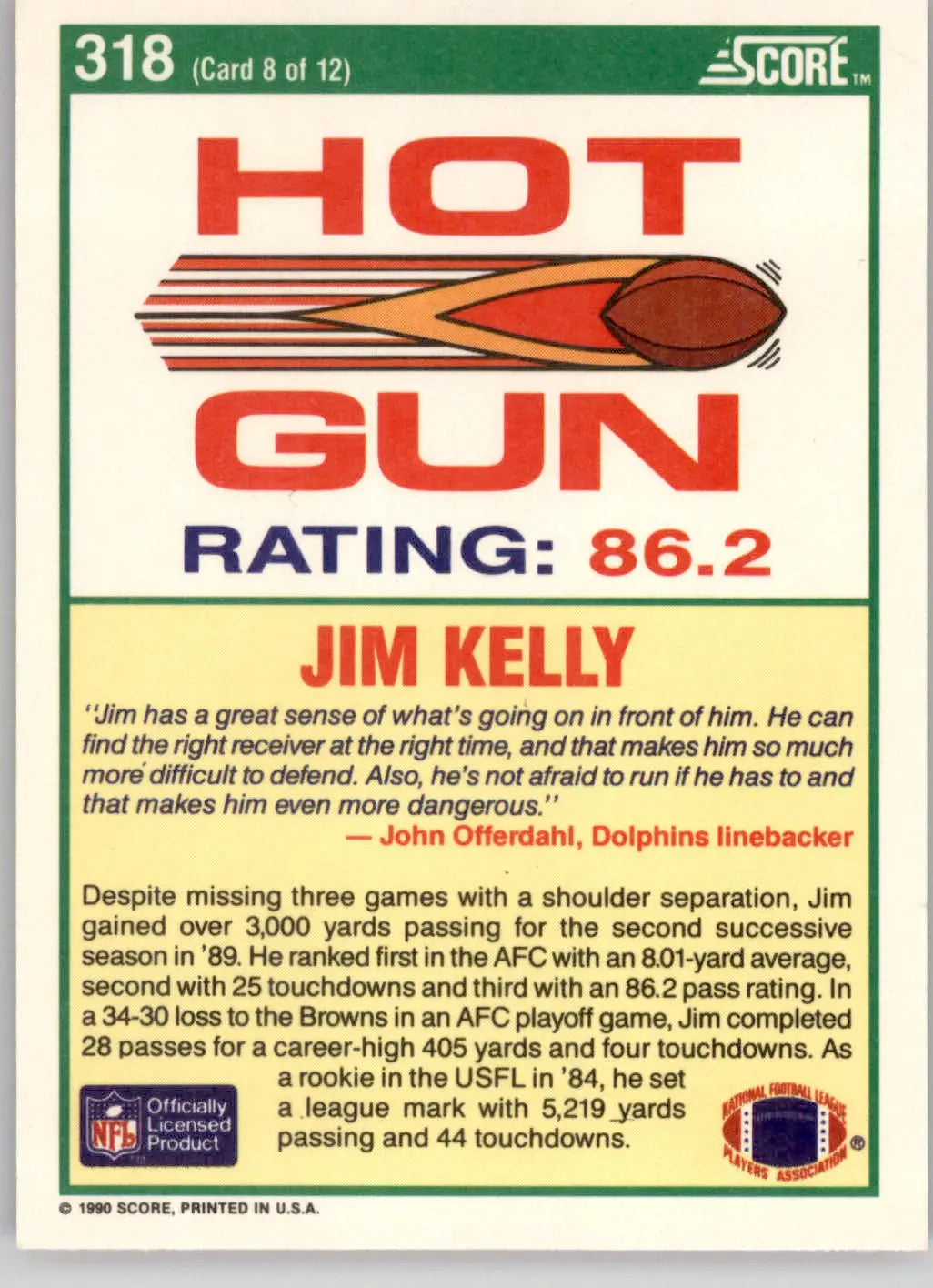 Jim Kelly - 1990 Score - #318 - Football
