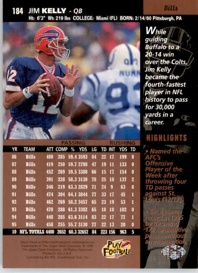 Jim Kelly - 1996 Upper Deck - #184 - Football - Football Card Single
