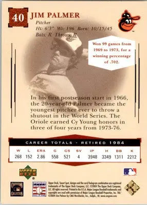 Jim Palmer - 2004 Upper Deck Sweet Spot Classic - #40 - Baseball - Baseball Card Single