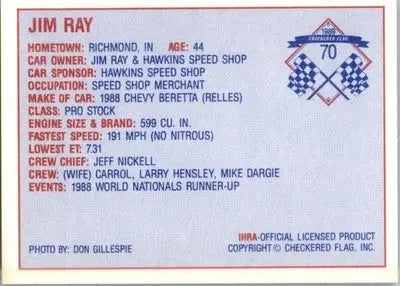 Jim Ray - 1989 Checkered Flag IHRA - #70 - Racing - Racing Card Single