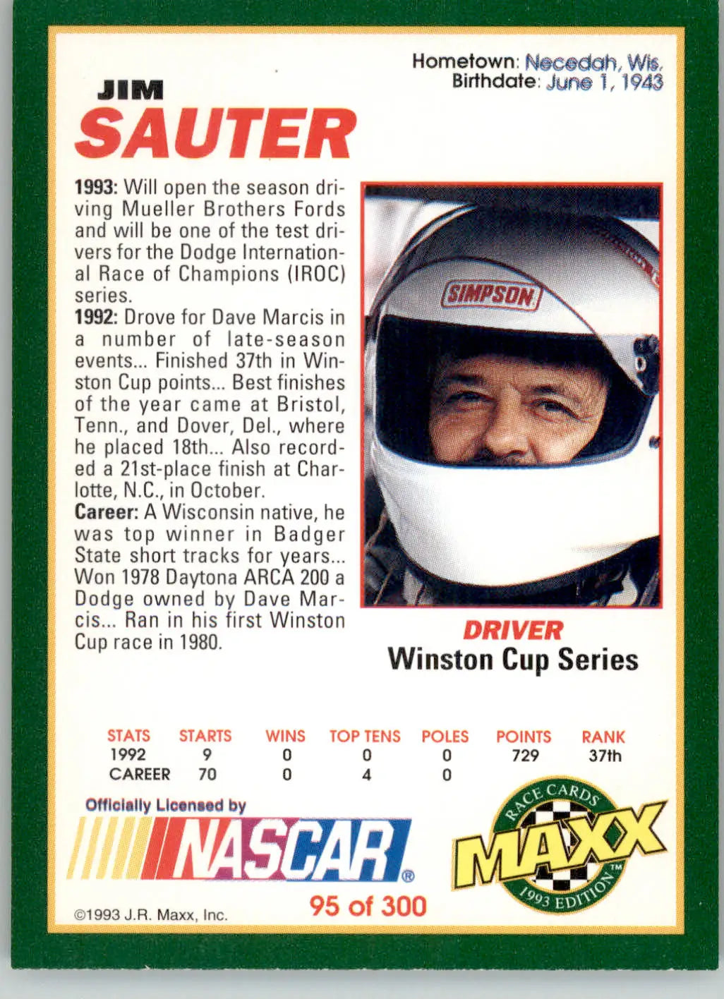Jim Sauter - 1993 Maxx - #95 - Racing - Racing Card Single