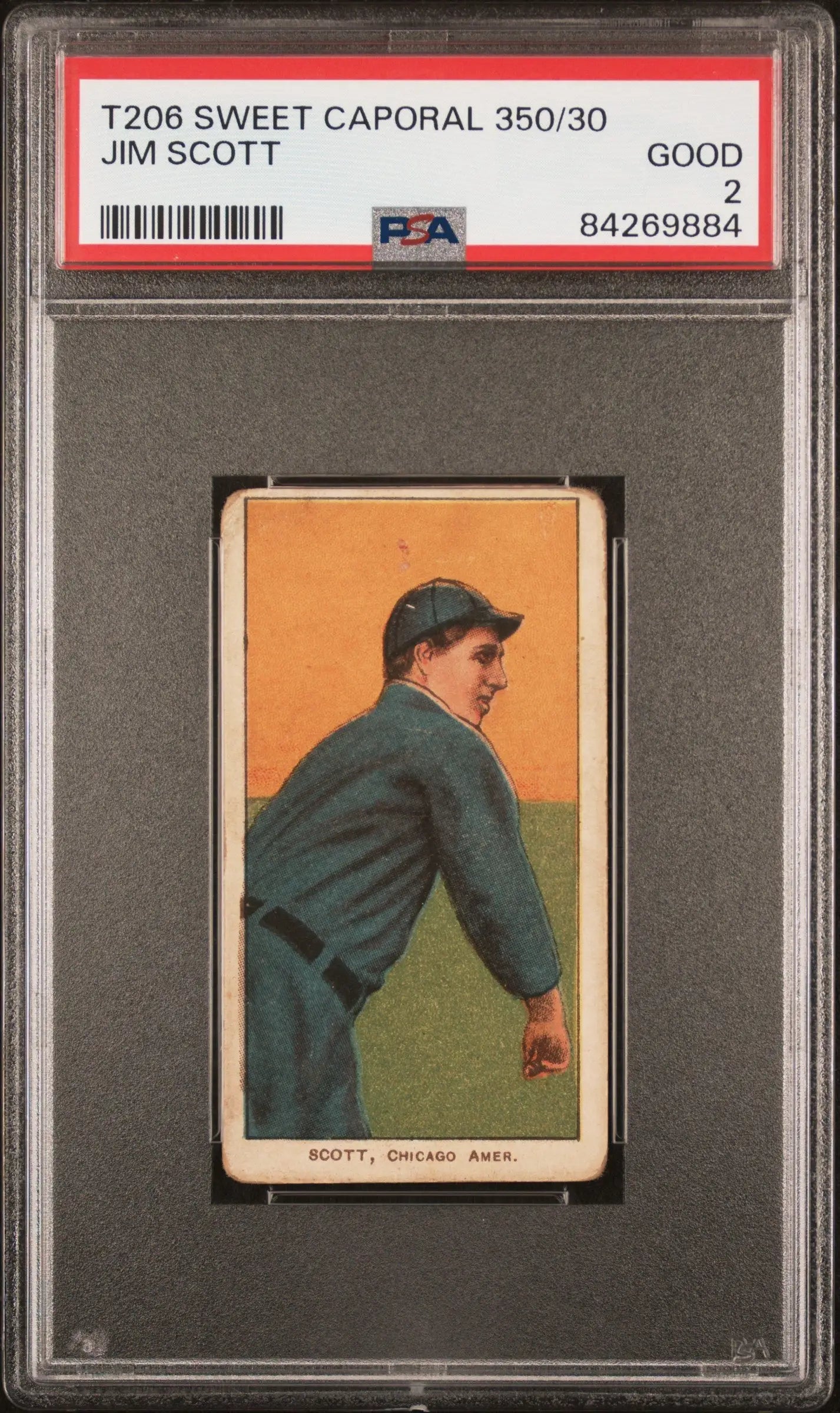 PSA-graded Jim Scott T206 Sweet Caporal baseball card with orange background