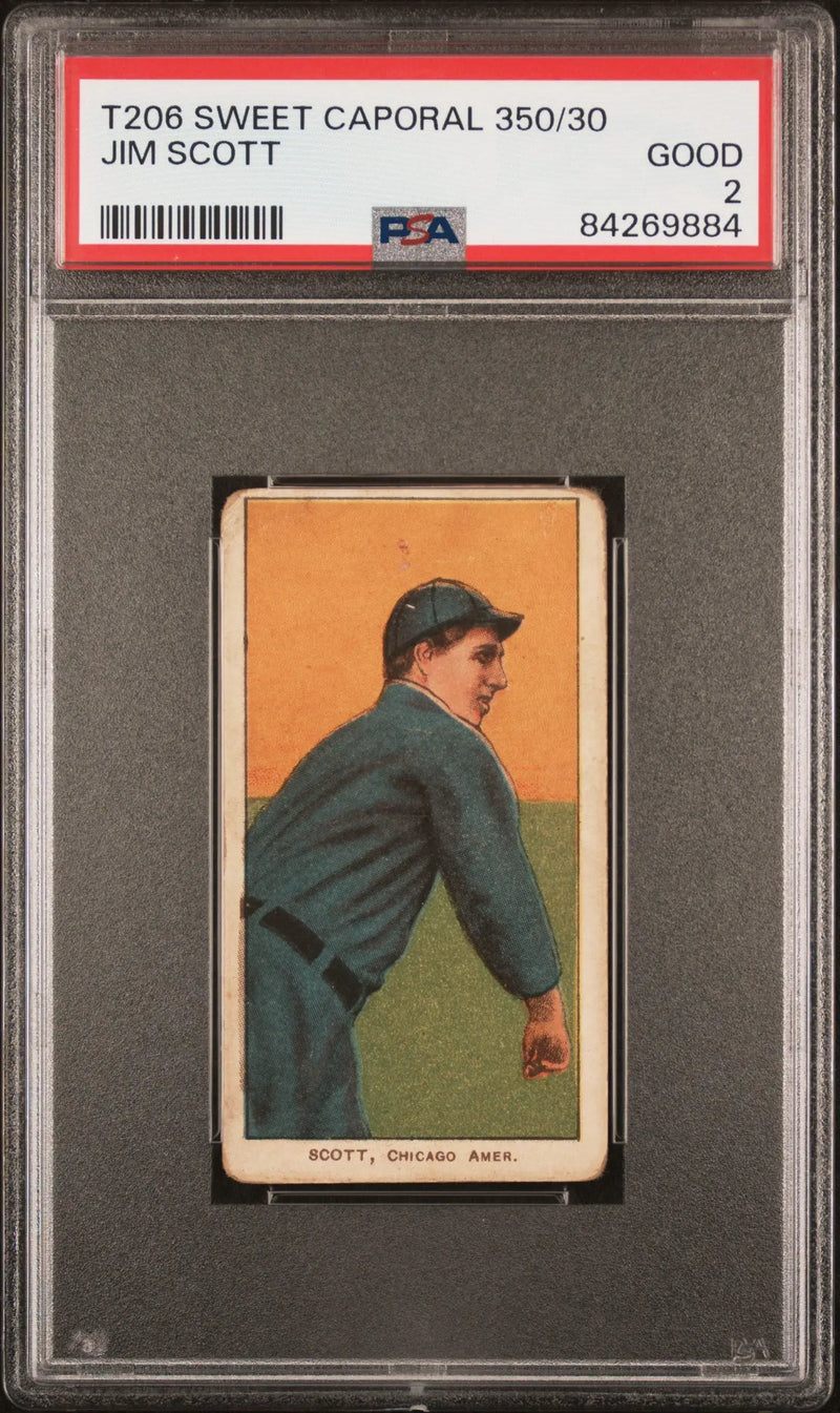 PSA-graded Jim Scott T206 Sweet Caporal baseball card with orange background