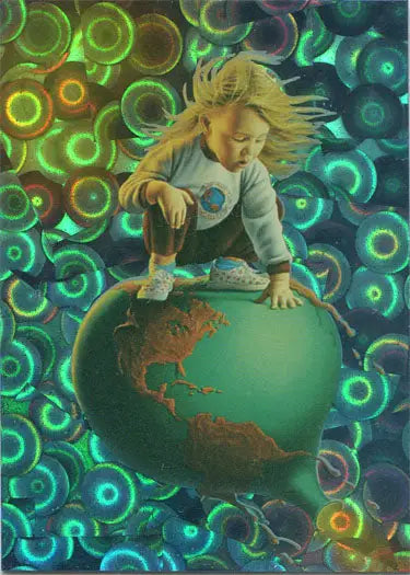 Child balancing on a globe amidst colorful patterns in Jim Warren Prism Chase Card