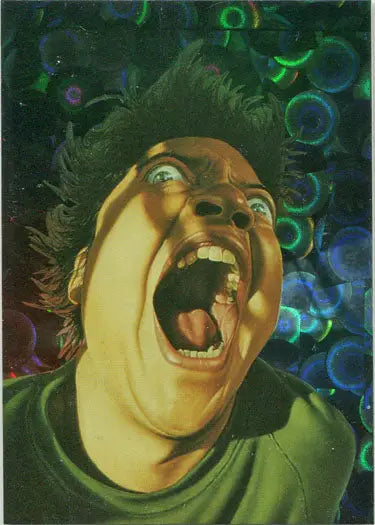 Person with open mouth expression on colorful bubbles for Jim Warren Prism Chase Card
