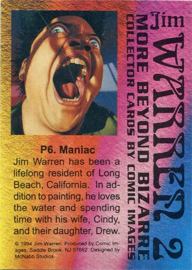 Colorful Jim Warren prism chase card featuring a close-up of a maniac’s open mouth expression