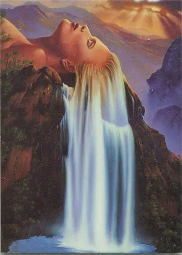 Surreal waterfall flowing from head in Jim Warren Beyond Bizarre promo card design