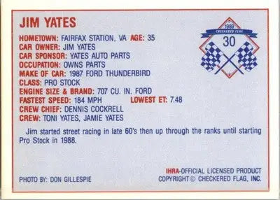 Jim Yates - 1989 Checkered Flag IHRA - #30 - Racing - Racing Card Single