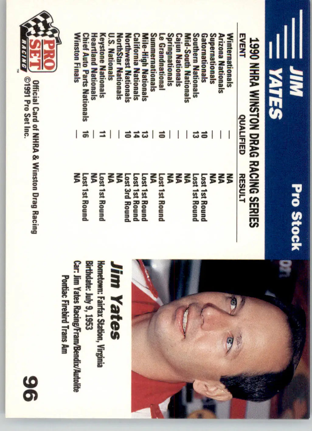 Jim Yates’ Car - 1991 Pro Set NHRA - #96 - Racing - Racing Card Single