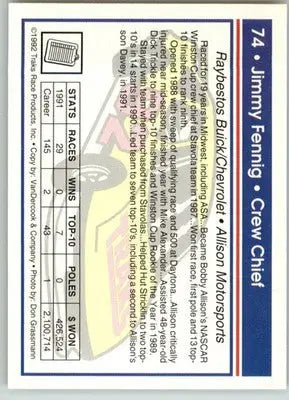 Jimmy Fennig - 1992 Traks - #74 - Racing - Racing Card Single