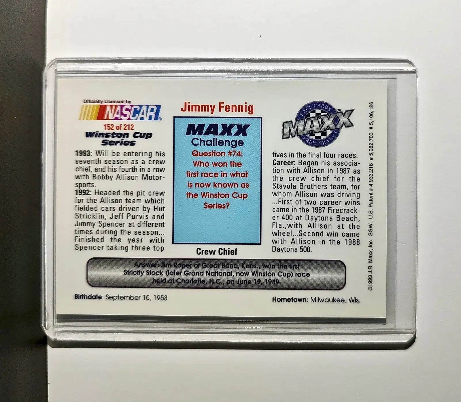 Jimmy Fennig 1993 Maxx Premier Plus Racing #152 NASCAR Card Bobby Allison Racing - Racing Card Single