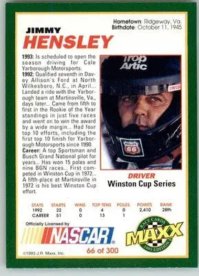 Jimmy Hensley - 1993 Maxx - #66 - Racing - Racing Card Single