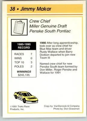 Jimmy Makar - 1991 Traks - #38 - Racing - Racing Card Single