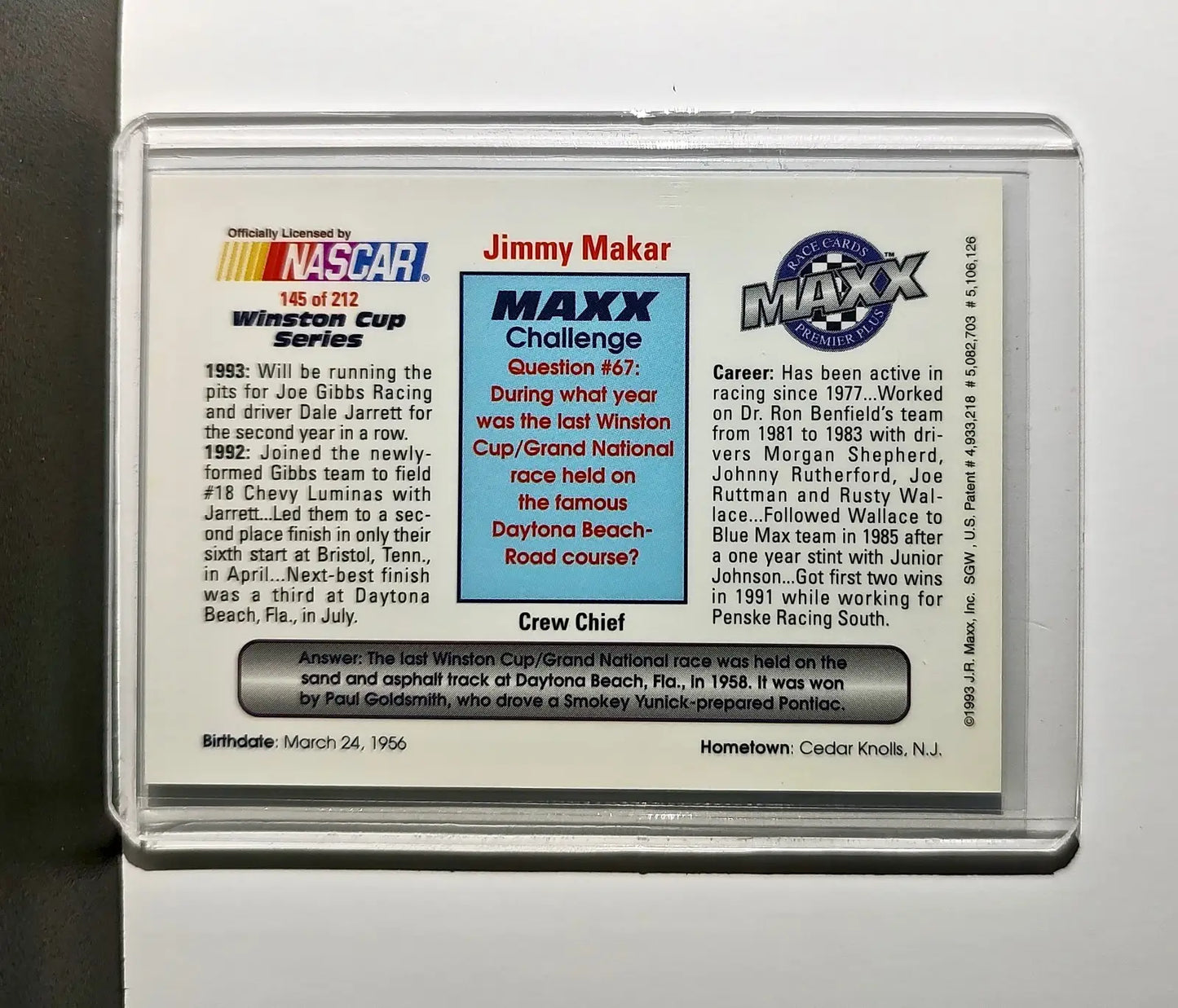 Jimmy Makar 1993 Maxx Premier Plus Racing #145 NASCAR Card Joe Gibbs Racing - Racing Card Single