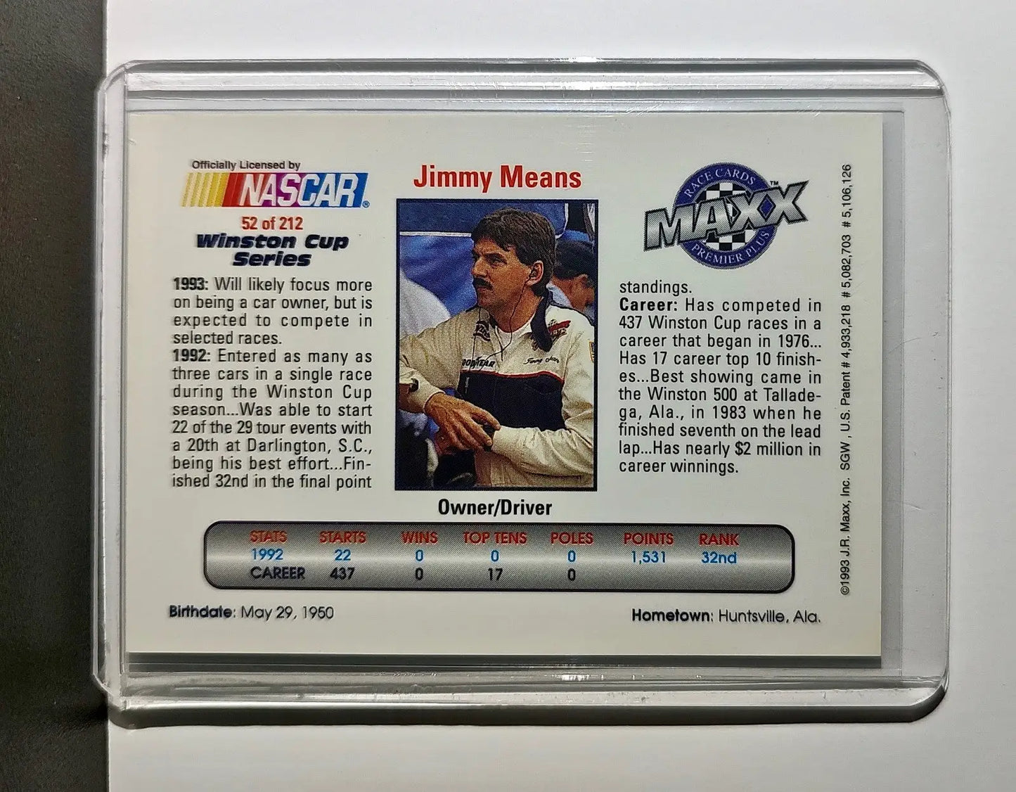 Jimmy Means 1993 Maxx Premier Plus Racing #52 NASCAR Card Jimmy Means Racing
