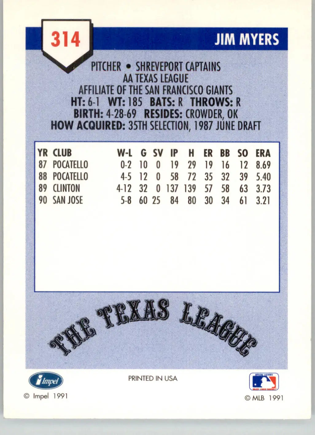 Jimmy Myers - 1991 Line Drive AA - #314 - Baseball - Baseball Card Single