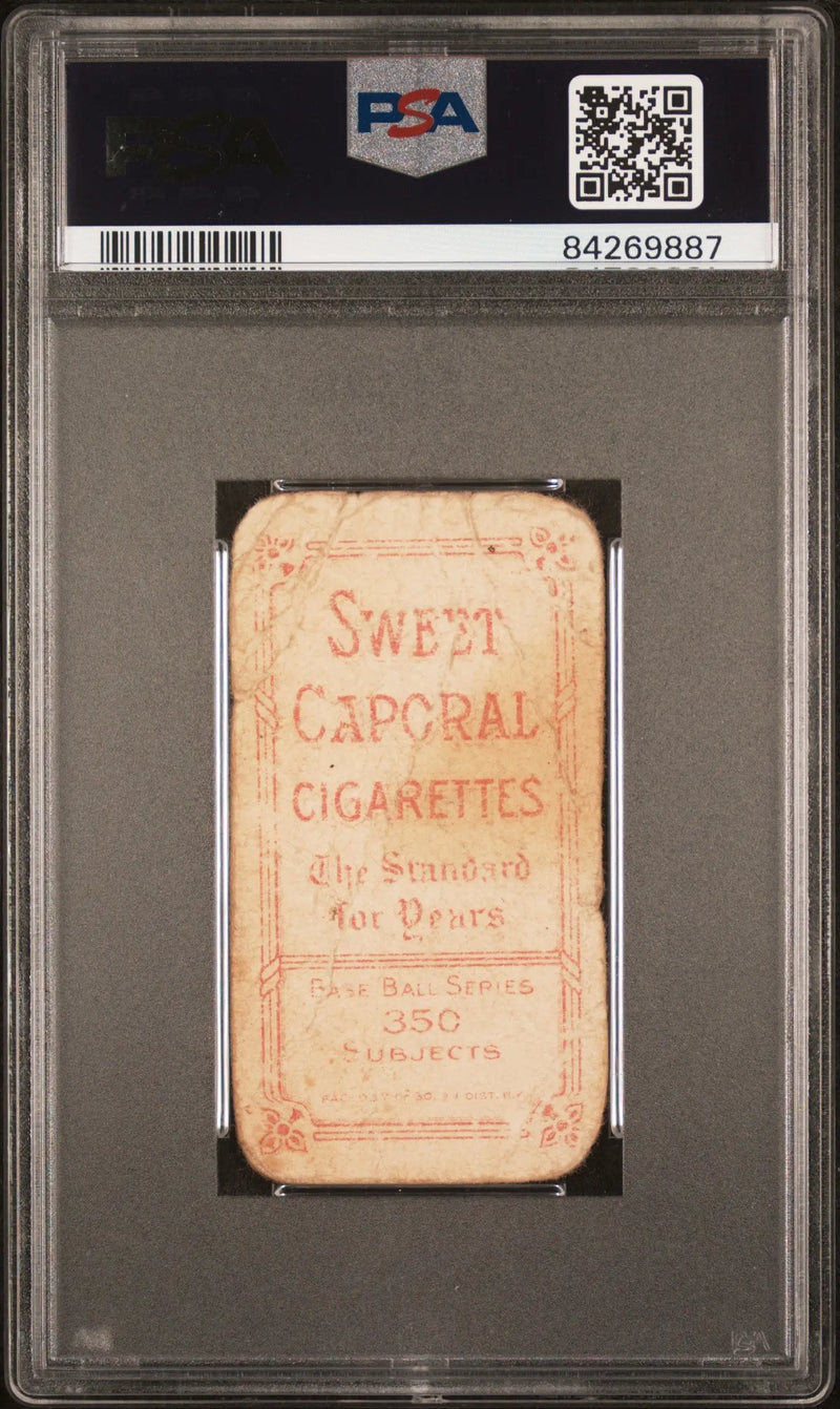 PSA-graded back of Jimmy Slagle T206 Sweet Caporal 350/30 trading card