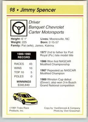 Jimmy Spencer - 1991 Traks - #98 - Racing - Racing Card Single