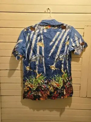 Jo Anns Hawaiian Shirt Mens L Blue Tropical Fish Short Sleeve Button Up Nassau - Apparel