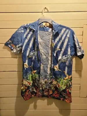 Jo Anns Hawaiian Shirt Mens L Blue Tropical Fish Short Sleeve Button Up Nassau - Apparel