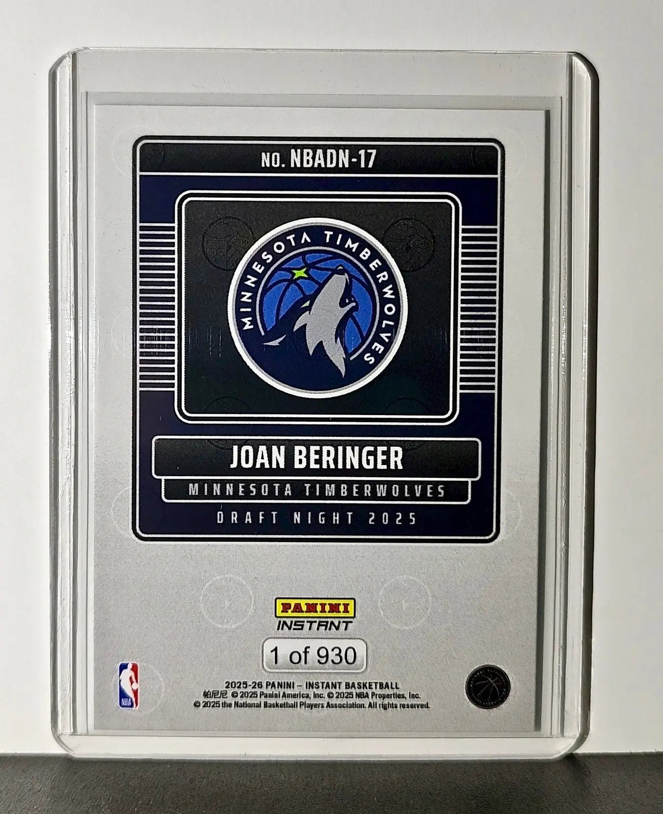 Joan Beringer Rookie 2025-26 Panini NBA #17 Draft Night Minnesota Timberwolves - Basketball Card Single