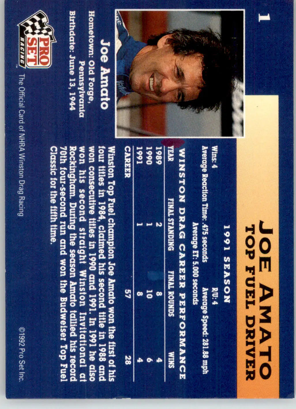 Joe Amato - 1992 Pro Set NHRA - #1 - Racing - Racing Card Single