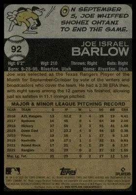 Joe Barlow Rookie 2022 Topps Heritage #92 Texas Rangers - Baseball Card Single