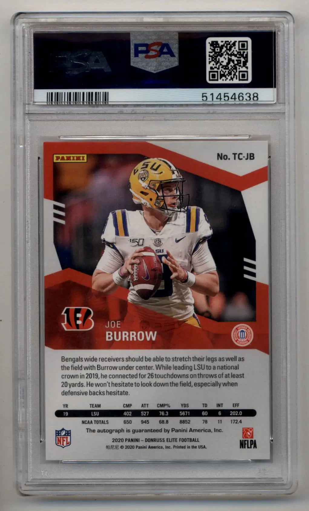 Joe Burrow 2020 Donruss Elite Turn of the Century Auto 10/10 PSA 9 Mint - Football Card Single