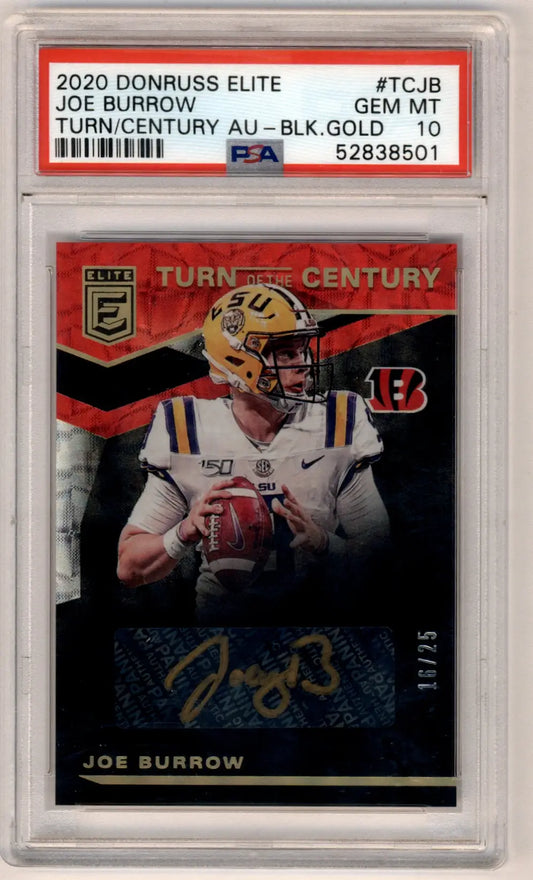 Joe Burrow 2020 Donruss Elite Turn of the Century Black Gold Auto #16/25 PSA 10 Gem Mint - Football Card Single