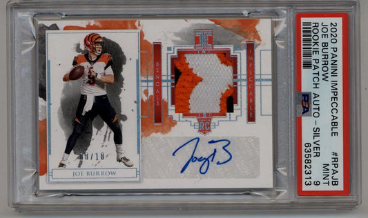 Joe Burrow 2020 Impeccable Rookie Patch Auto Silver 08/10 PSA 9 Mint - Football Card Single