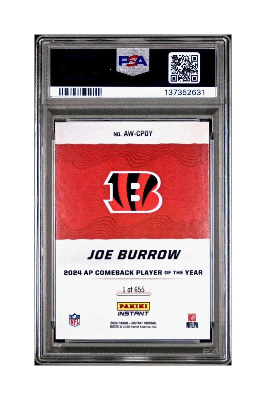 Joe Burrow 2024 Panini NFL AP Comeback Player of the Year Bengals PSA 10 Gem