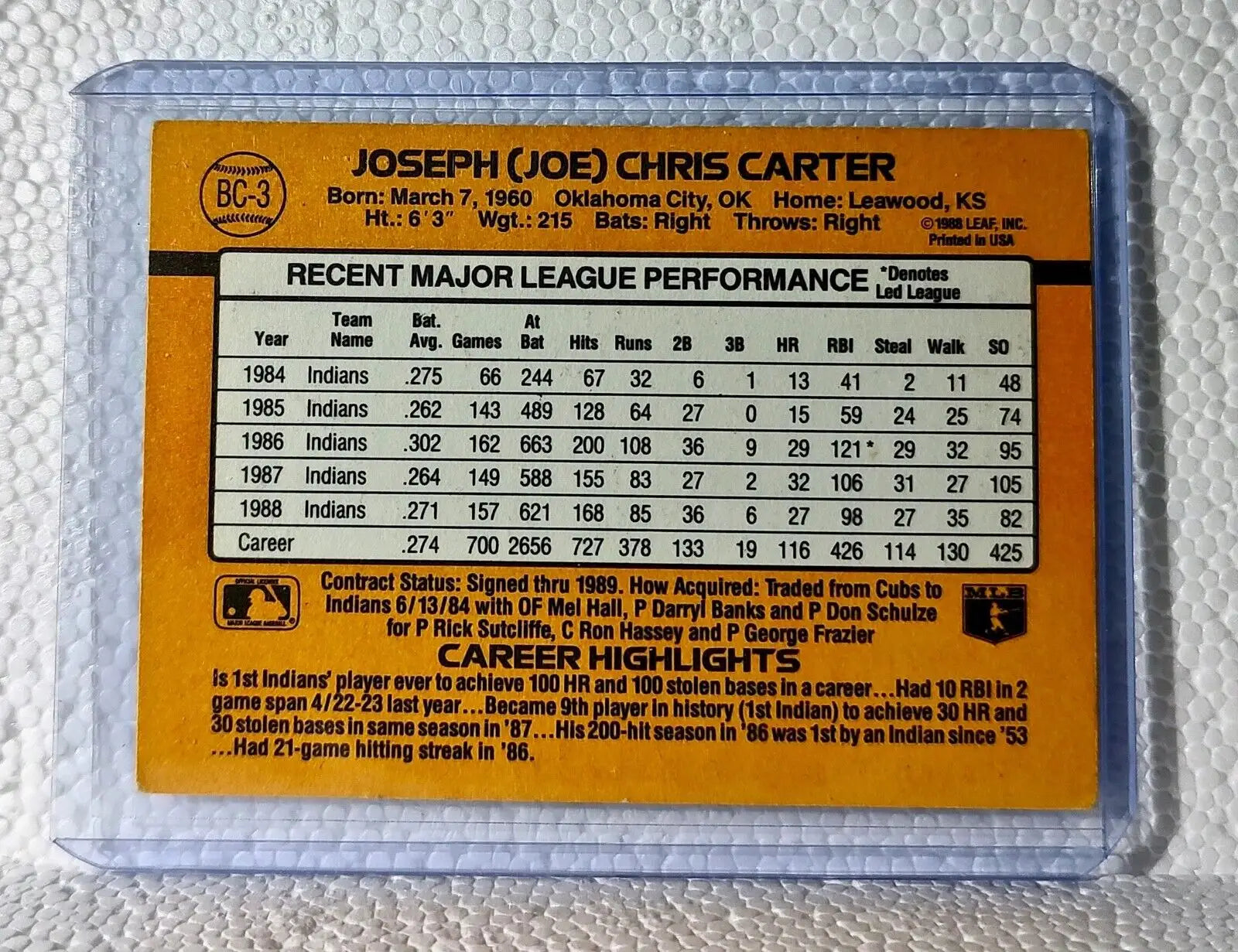 Joe Carter 1989 Donruss MLB #BC-3 Baseball Card Cleveland Indians