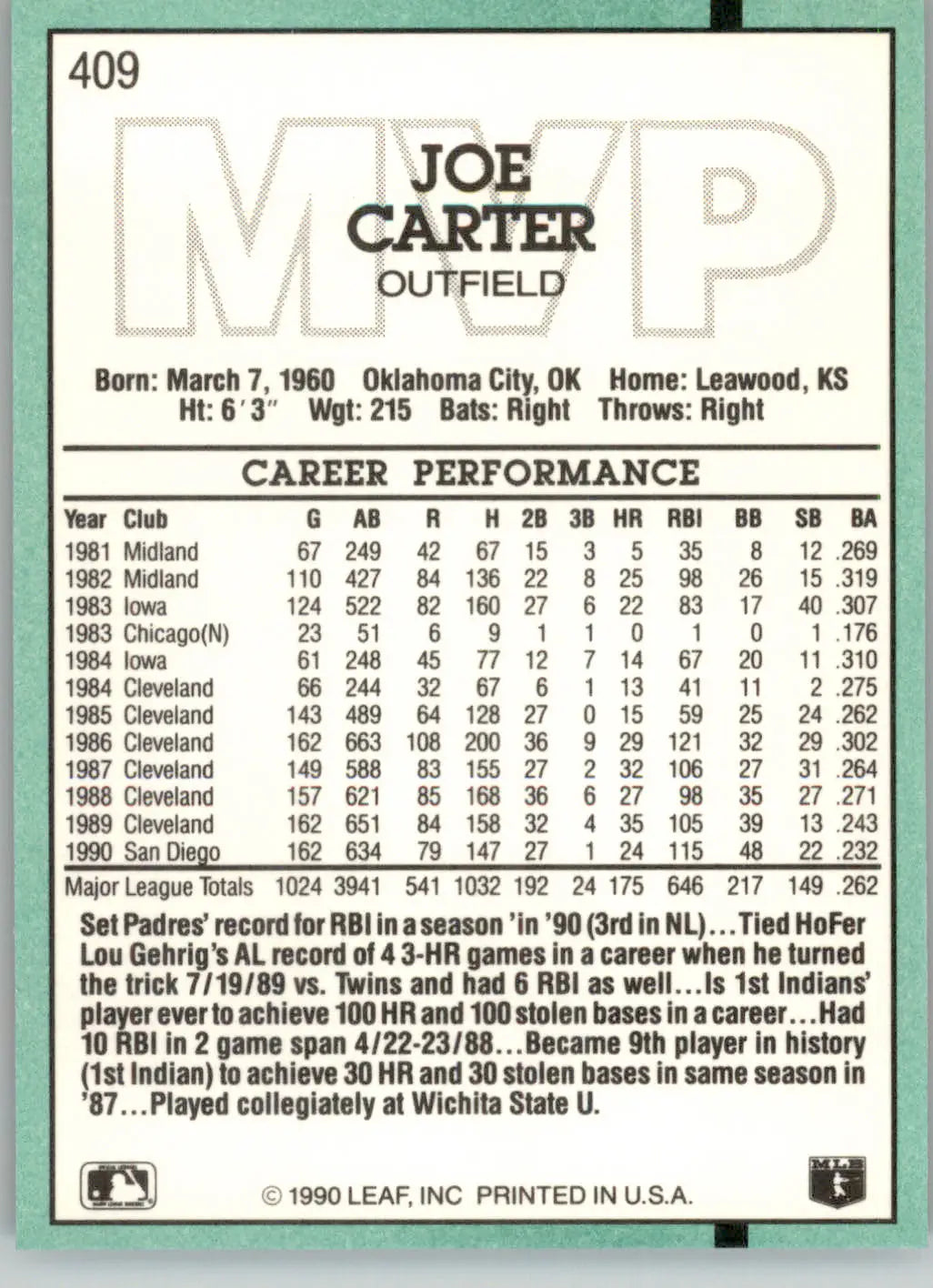 Joe Carter - 1991 Donruss - #409b - Baseball - Baseball Card Single