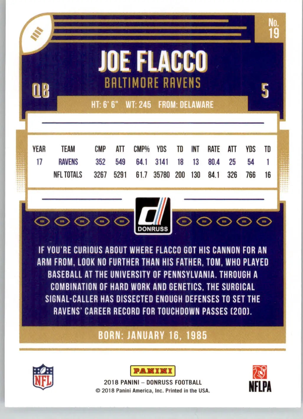 Joe Flacco - 2018 Donruss - #19 - Football - Football Card Single