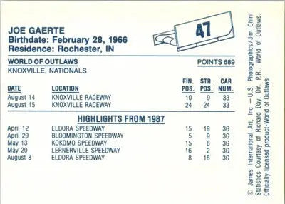 Joe Gaerte - 1987 World of Outlaws - #47 - Racing - Racing Card Single