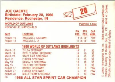 Joe Gaerte - 1988 World of Outlaws - #26 - Racing - Racing Card Single