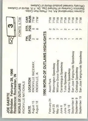 Joe Gaerte - 1990 World of Outlaws - #3 - Racing - Racing Card Single