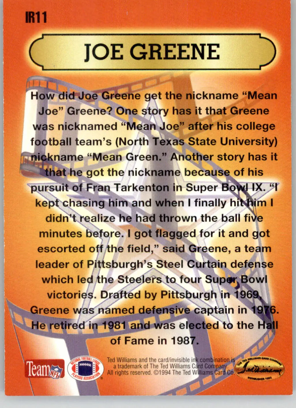 Joe Greene - 1994 Ted Williams Roger Staubach’s NFL - #IR11 - Instant Replays - Football Card Single