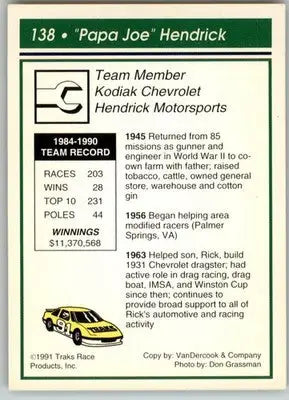Joe Hendrick - 1991 Traks - #138 - RC Racing - Racing Card Single