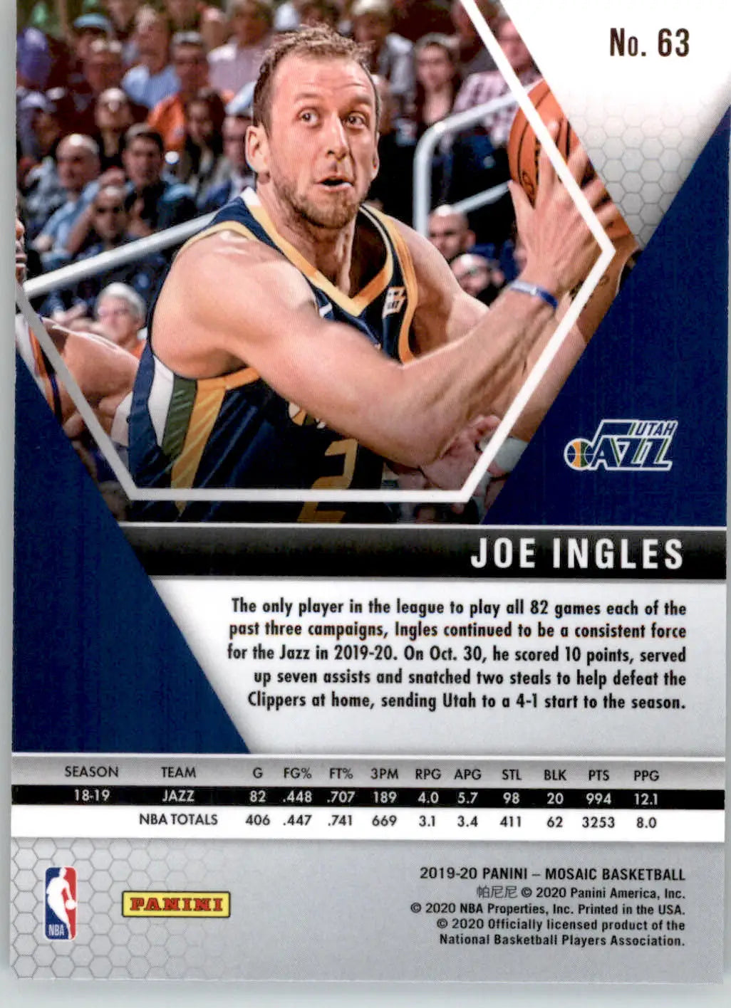 Joe Ingles - 2019-20 Panini Mosaic - #63 - Basketball - Basketball Card Single