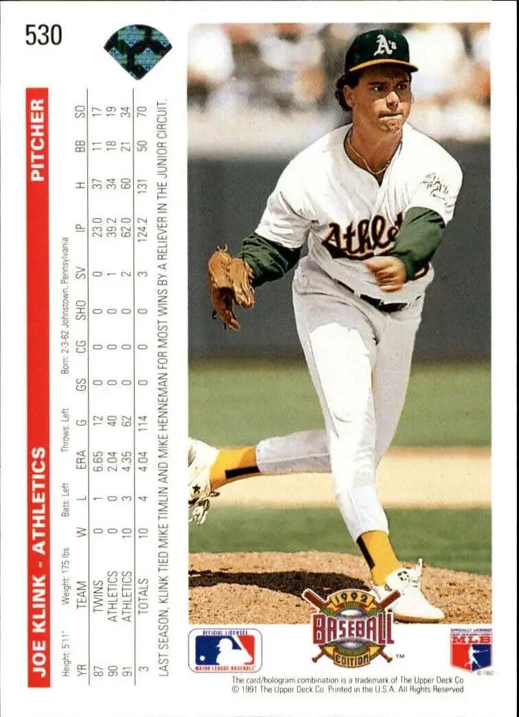 Joe Klink 1992 Upper Deck MLB #530 Baseball Card Oakland Athletics