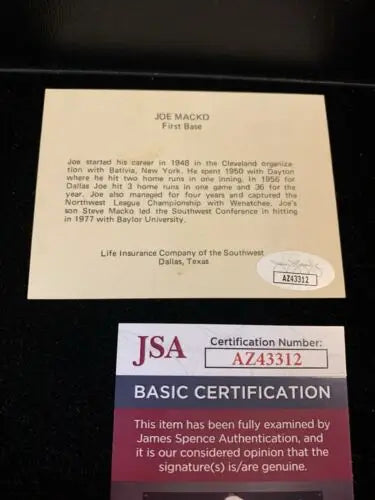 Joe Macko baseball memorabilia from 1977 for Dallas Rangers with Life Insurance of Southwest