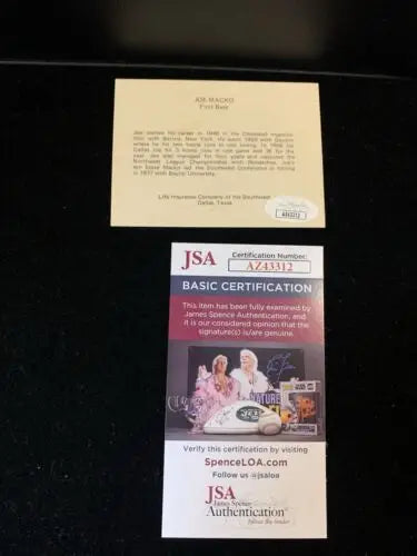 JSA certified Joe Macko AUTO Dallas Rangers 1977 Life Insurance memorabilia display