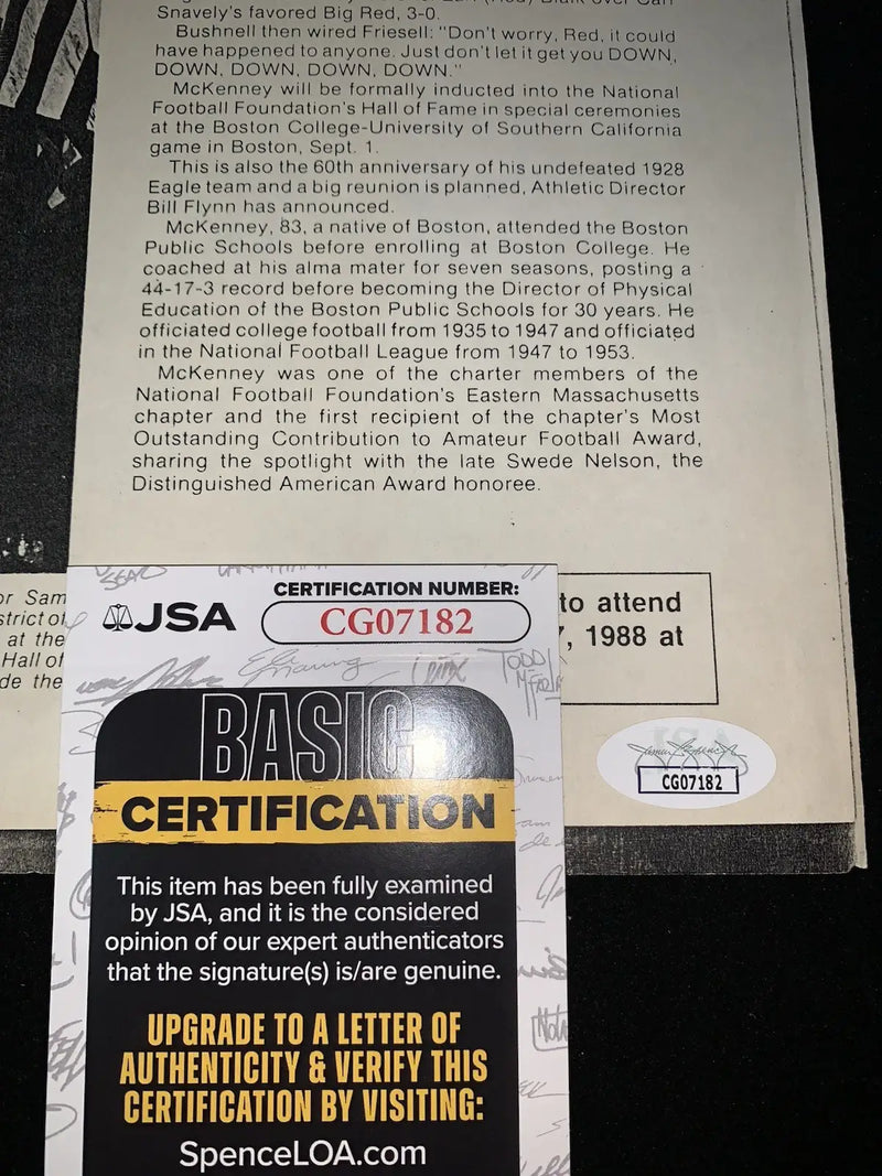 Joe McKenney Signed Page Auto BOSTON College HOF Player Coach Referee JSA - Sports Memorabilia