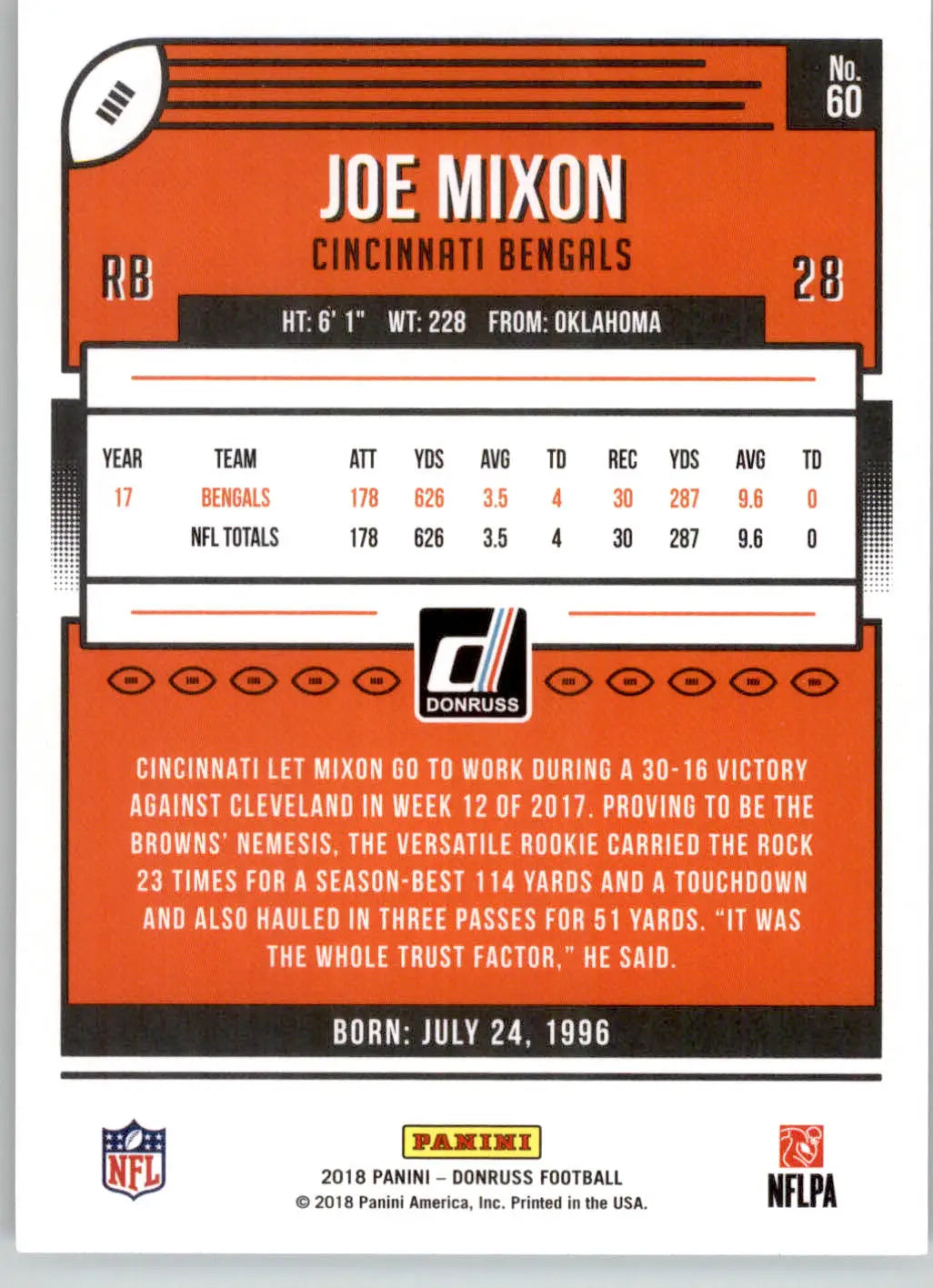 Joe Mixon - 2018 Donruss - #60 - Football - Football Card Single