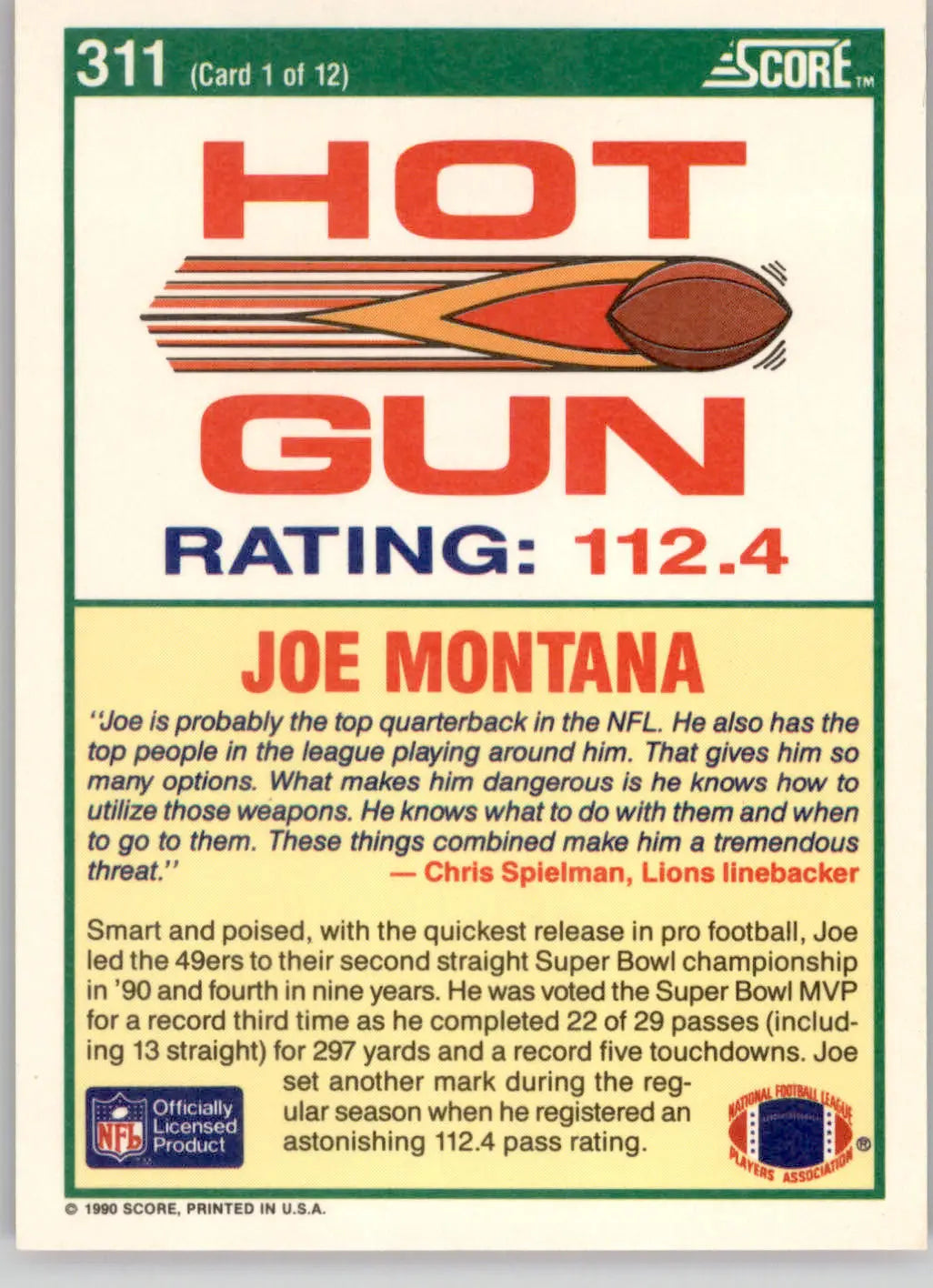 Joe Montana - 1990 Score - #311 - Football