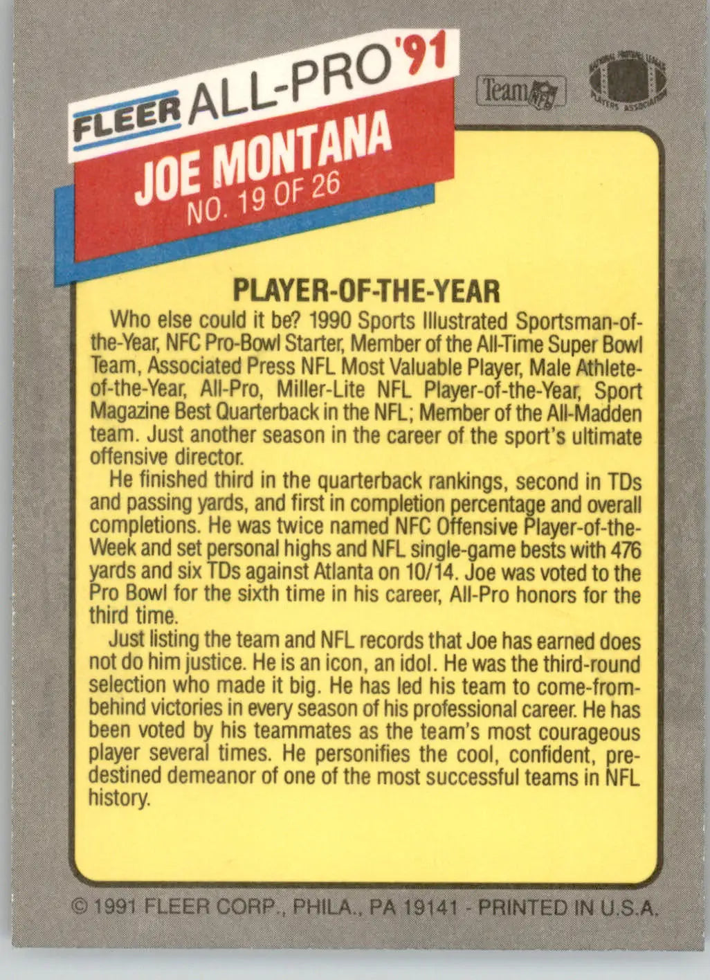 Joe Montana - 1991 Fleer - #19 - All-Pro ’91 Football - Football Card Single