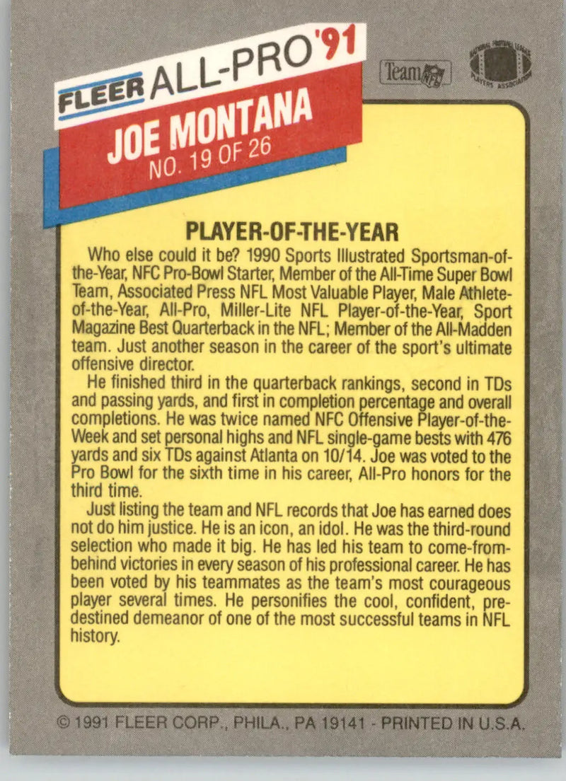 Joe Montana - 1991 Fleer - #19 - All-Pro ’91 Football - Football Card Single