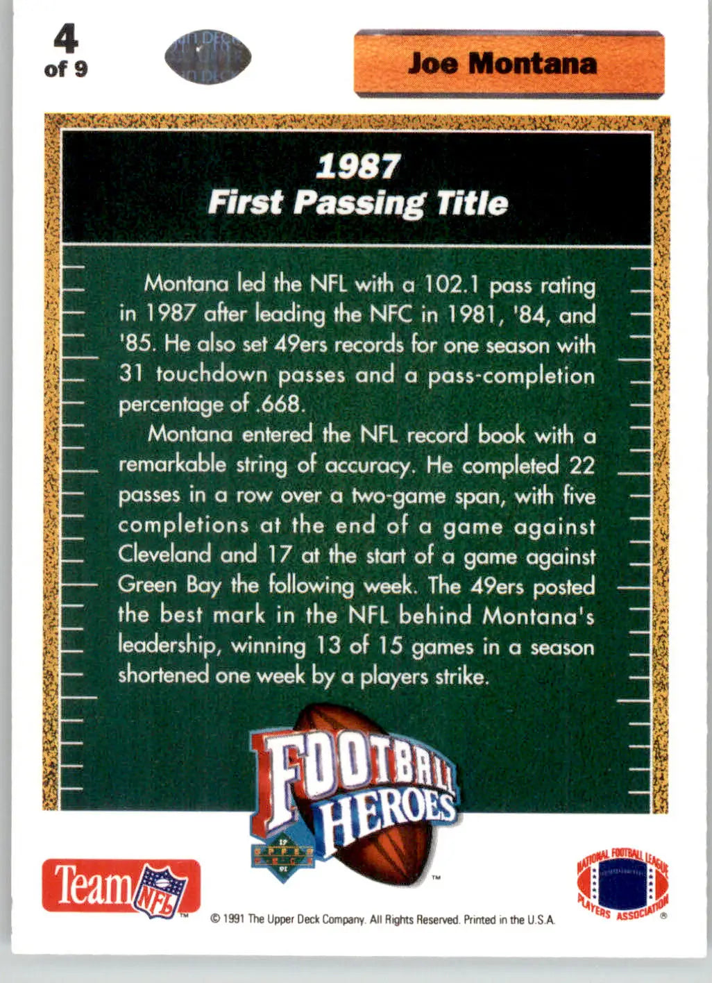Joe Montana - 1991 Upper Deck - #4 - Football Heroes: Joe Montana Football - Football Card Single