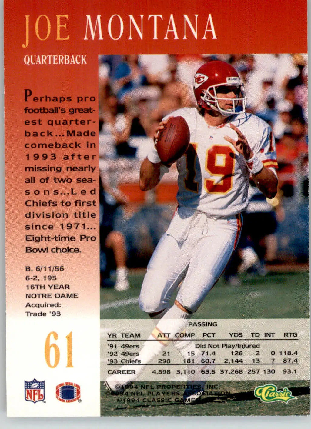 Joe Montana - 1994 Pro Line Live - #61 - Football - Football Card Single